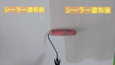 張り替えたばかりのボードに、塗料の密着性を高める下塗り材（シーラー）を塗布。長く剥がれない丈夫な壁を作るための大切な工程です。